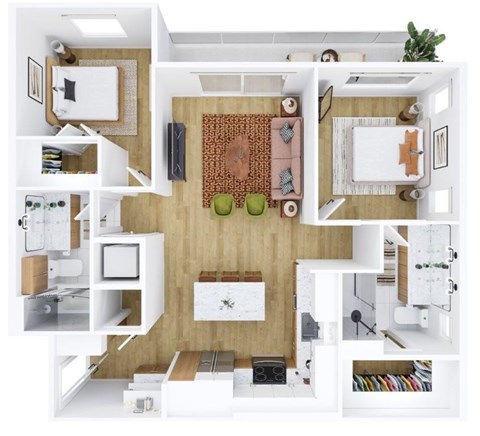 Floor plan for 2 beds, 2 baths, 1055 sqft